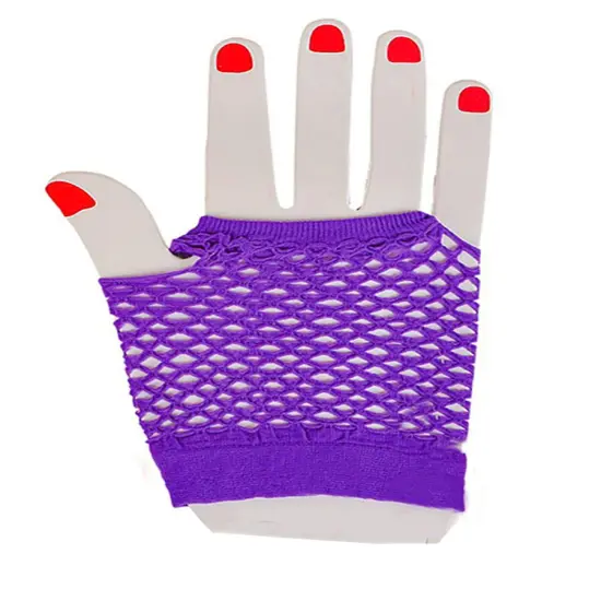 AdultsNeon Purple Fishnet Fingerless 80s Rock Costume Half Gloves {1}