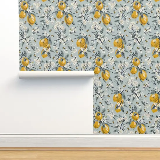 Pre-Pasted Wallpaper 2FT Wide Lemons And Honeybees Modern Farmhouse Citrus Grove Pollinators Bees Mustard Yellow White Aqua Blue Custom Pre-pasted Wallpaper by Spoonflower {2}