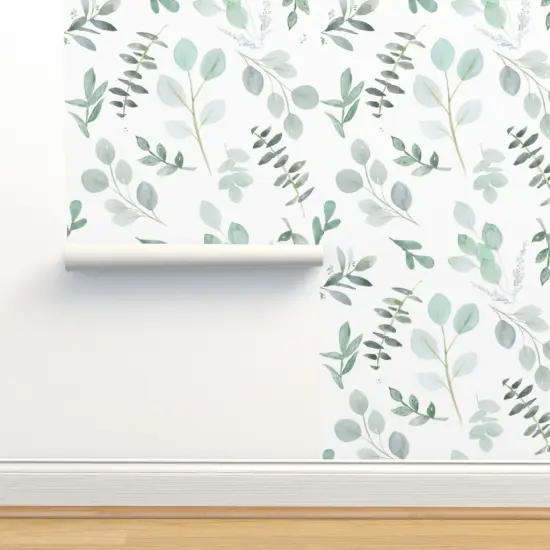 Peel & Stick Wallpaper 2FT Wide Eucalyptus Leaves Foliage Mint Green Watercolor Botanical Blue Watercolour Greenery Aquarelle Cool Tones Seeded Eucalyptus Custom Removable Wallpaper by Spoonflower {2}