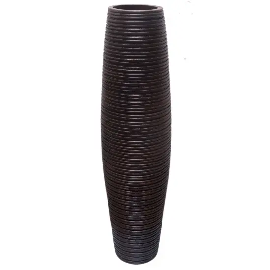 Brown Decorative Contemporary Mango Wood Ribbed Design Round Vase {3}