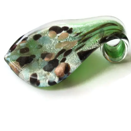64mm Green with Gold and Brown Spots Foil Glass Pendant Lampwork Glass Spoon Pendant {4}
