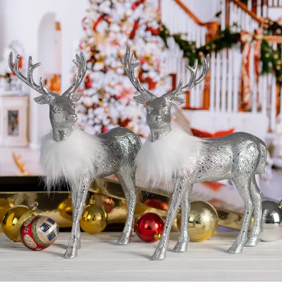 Ornativity Silver Glitter Christmas Reindeer - Holiday Party Deer Figurine Statues Dinner Tabletop Decorations Centerpiece - Pack of 2 {4}