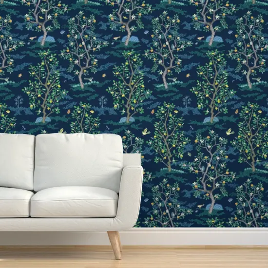 Pre-Pasted Wallpaper 2FT Wide Orchard Toile Green Blue Birds Tree Large Scale Oranges Lemons Toile Chinoiserie Scenic Fruit Citrus Grove Custom Pre-pasted Wallpaper by Spoonflower {5}