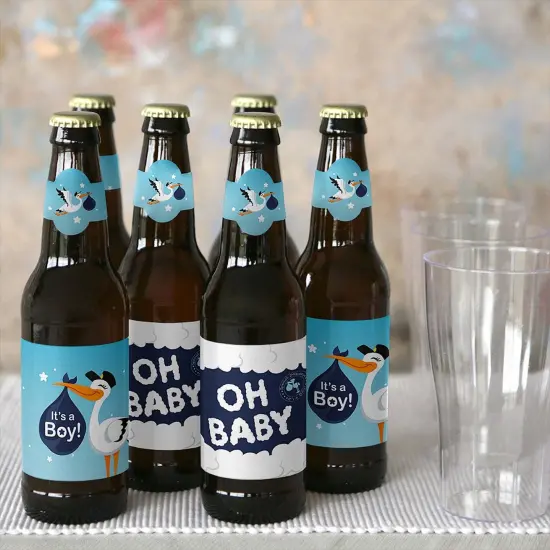Big Dot of Happiness Boy Special Delivery - Blue It's A Boy Stork Baby Shower Decorations for Women & Men - 6 Beer Bottle Label Stickers & 1 Carrier {7}