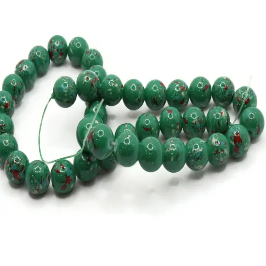 40 10mm Green and Red Splatter Paint Smooth Round Glass Beads {5}