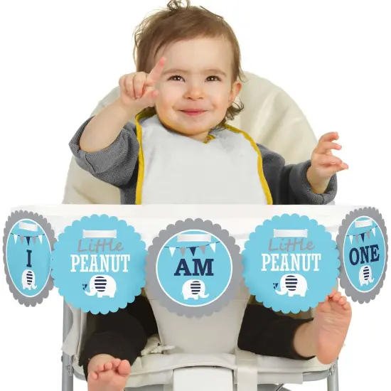 Big Dot of Happiness Blue Elephant 1st Birthday Highchair Decor - I Am One - Boy First Birthday High Chair Banner {1}