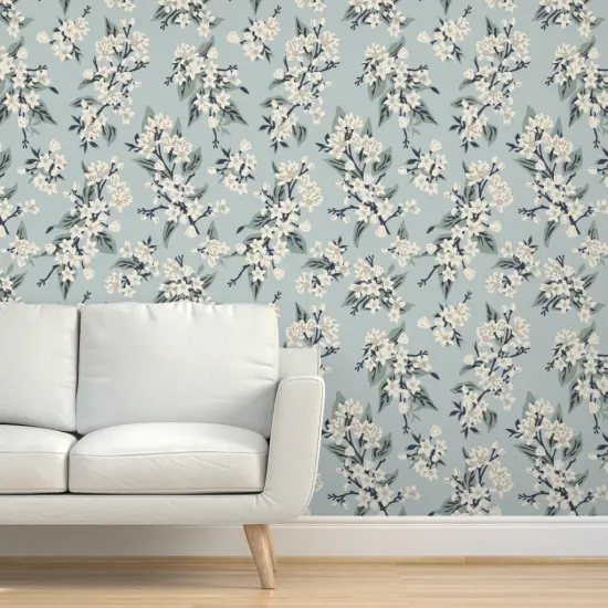 Pre-Pasted Wallpaper 2FT Wide Vintage Blue Flowers Dusty Pretty Traditional Delicate Pastel Farmhouse Transitional Lemon Custom Pre-pasted Wallpaper by Spoonflower {5}