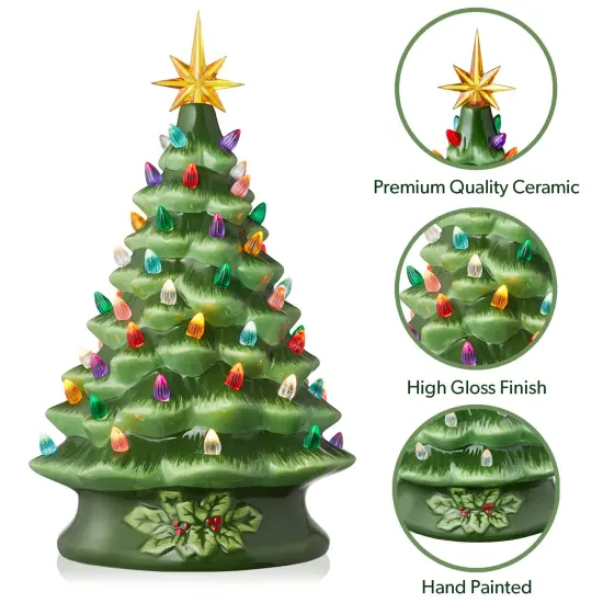 Casafield Hand Painted Ceramic Christmas Tree, Green 15-Inch Pre-Lit Tree with 128 Multi Color Lights and 2 Star Toppers {4}