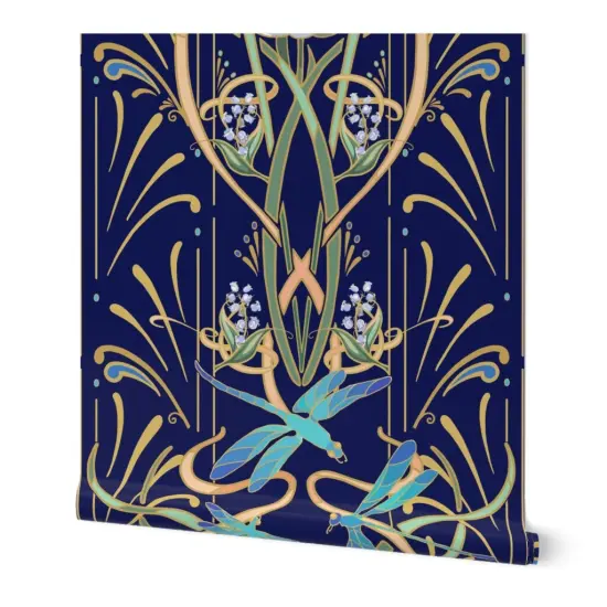 Peel & Stick Wallpaper 2FT Wide Bold Art Nouveau Large Scale Dragonflies Aqua Lotus Lily Of The Valley Water Garden Custom Removable Wallpaper by Spoonflower {7}