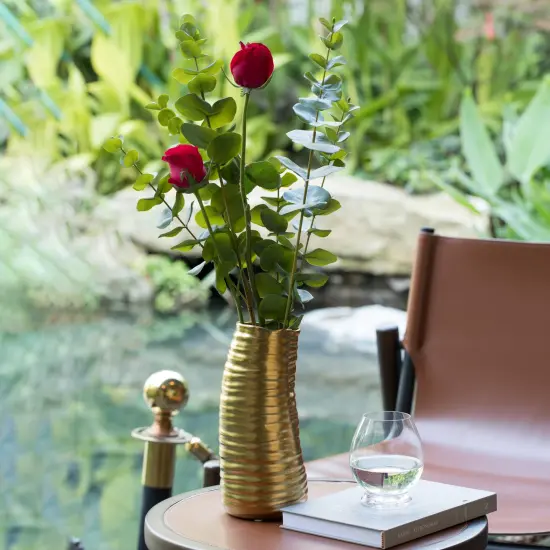 9-Inch Tall Ceramic Bent Melted Modern Style Sculpture Table Centerpiece Flower Vase, a Unique and Decorative Vase in an Elegant Gold Finish, Perfect for Adding Sophistication to Home or Office D&eacute;cor, Ideal for Showcasing Fresh or Dried Flowers with {6}