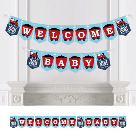 Big Dot of Happiness Railroad Party Crossing - Steam Train Baby Shower Bunting Banner - Party Decorations - Welcome Baby {1}