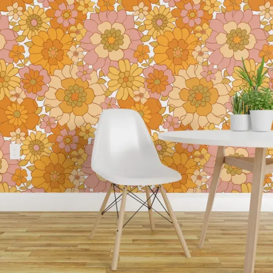Peel & Stick Wallpaper 2FT Wide Retro Floral Sunny Maximalist Blush Pink Mustard Gold Marigold 1960S Custom Removable Wallpaper by Spoonflower {1}