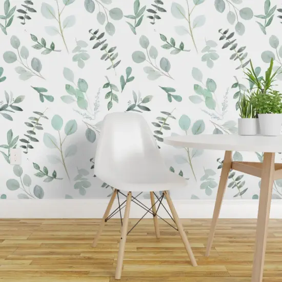 Pre-Pasted Wallpaper 2FT Wide Eucalyptus Leaves Foliage Mint Green Watercolor Botanical Blue Watercolour Greenery Aquarelle Cool Tones Seeded Eucalyptus Custom Pre-pasted Wallpaper by Spoonflower {1}