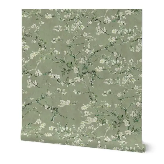 Peel & Stick Wallpaper 2FT Wide Impressionist Spring Bloom Sage Green Floral Botanical Nature Leaf Delicate Custom Removable Wallpaper by Spoonflower {7}