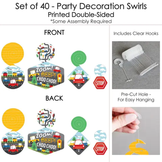 Big Dot of Happiness Cars, Trains, and Airplanes - Transportation Birthday Party Hanging Decor - Party Decoration Swirls - Set of 40 {7}