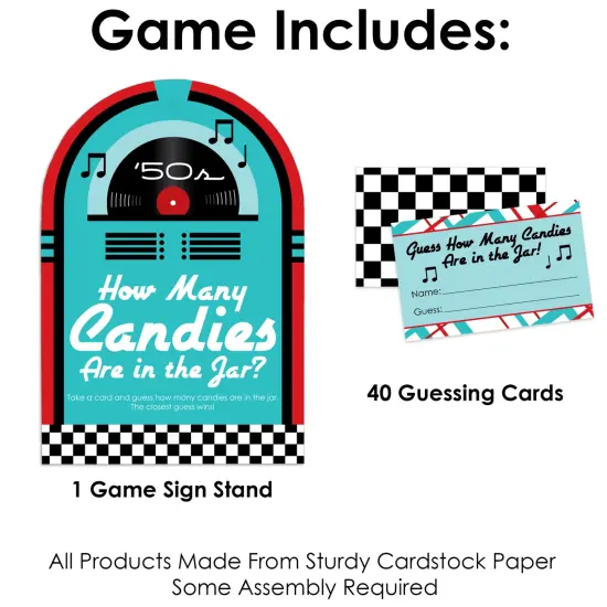 Big Dot of Happiness 50&rsquo;s Sock Hop - How Many Candies 1950s Rock N Roll Party Game - 1 Stand and 40 Cards - Candy Guessing Game {4}