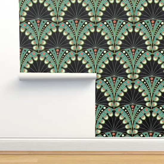 Peel & Stick Wallpaper 2FT Wide Art Deco Feather Nouveau Geometric Large Scale Boheme Symmetric Black And Teal Custom Removable Wallpaper by Spoonflower {2}