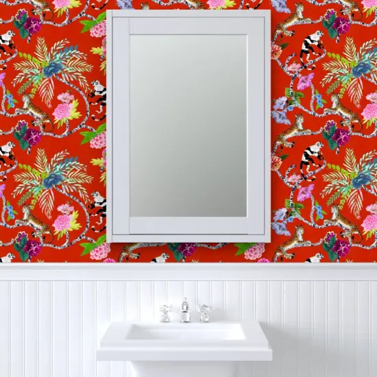 Pre-Pasted Wallpaper 2FT Wide Chinoiserie Maximalist Red Whimsical Monkey Tropical Leopard Botanical Custom Pre-pasted Wallpaper by Spoonflower {6}