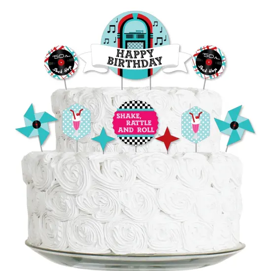 Big Dot of Happiness 50's Sock Hop - 1950s Rock N Roll Birthday Party Cake Decorating Kit - Happy Birthday Cake Topper Set - 11 Pieces {1}