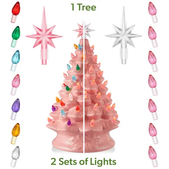 Casafield Hand Painted Ceramic Christmas Tree, Pink 15-Inch Pre-Lit Tree with 128 Multi Color Lights and 2 Star Toppers {2}