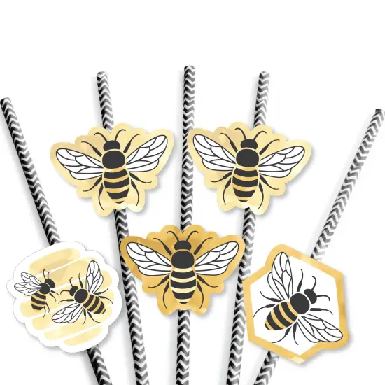Big Dot of Happiness Little Bumblebee - Paper Straw Decor - Bee Baby Shower or Birthday Party Striped Decorative Straws - Set of 24 {7}