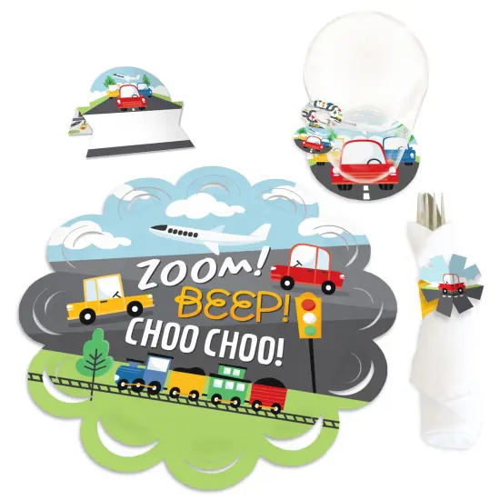 Big Dot of Happiness Cars, Trains, and Airplanes Transportation Birthday Party Paper Charger and Table Decorations Chargerific Kit Place Setting for 8 {1}