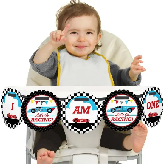 Big Dot of Happiness Let's Go Racing - Racecar 1st Birthday Highchair Decor - I Am One - First Birthday High Chair Banner {1}