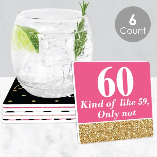 Big Dot of Happiness Chic 60th Birthday - Pink, Black and Gold - Funny Birthday Party Decorations - Drink Coasters - Set of 6 {3}