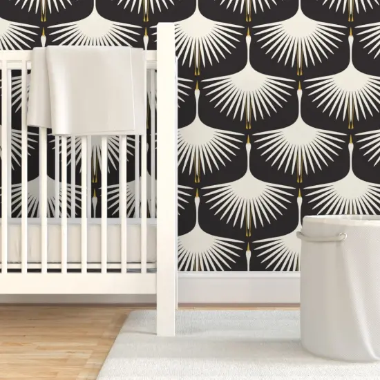 Pre-Pasted Wallpaper 2FT Wide Black And Ivory Mid Century Mod Geometric Swans Art Deco Elegant Feathers Custom Pre-pasted Wallpaper by Spoonflower {7}