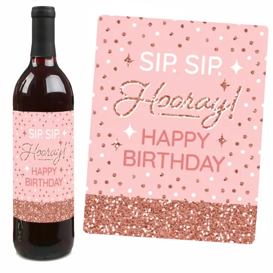 Big Dot of Happiness Pink Rose Gold Birthday - Happy Birthday Party Decorations for Women and Men - Wine Bottle Label Stickers - Set of 4 {7}