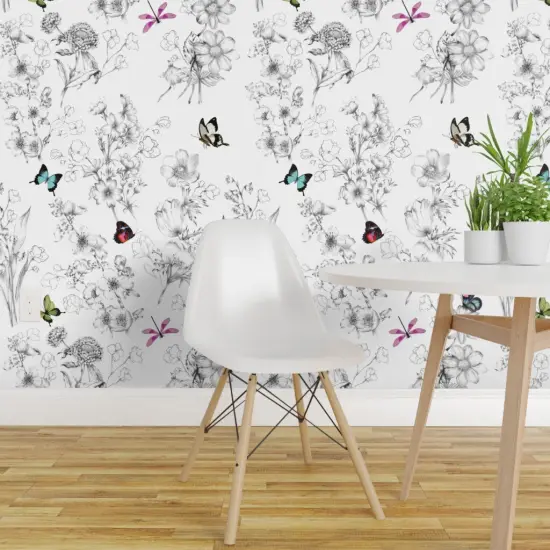 Pre-Pasted Wallpaper 2FT Wide Butterflies Butterfly Sketch Black And White Botanical Custom Pre-pasted Wallpaper by Spoonflower {1}