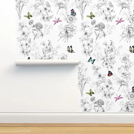 Pre-Pasted Wallpaper 2FT Wide Butterflies Butterfly Sketch Black And White Botanical Custom Pre-pasted Wallpaper by Spoonflower {2}