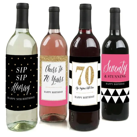 Big Dot of Happiness Chic 70th Birthday - Pink, Black and Gold - Birthday Gift For Women - Wine Bottle Label Stickers - Set of 4 {1}