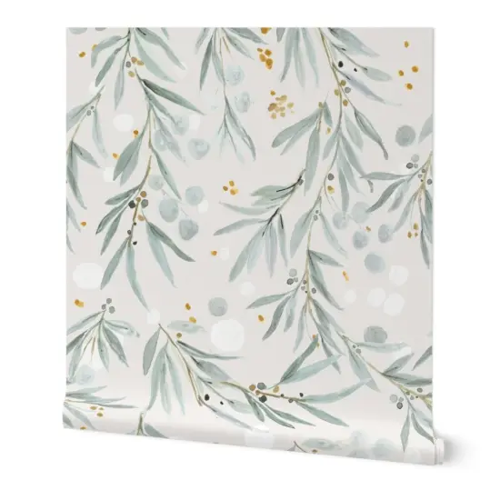Peel & Stick Wallpaper 2FT Wide Leaves Gray Watercolor Botanical Blue Green Watercolour Eucalyptus Custom Removable Wallpaper by Spoonflower {7}