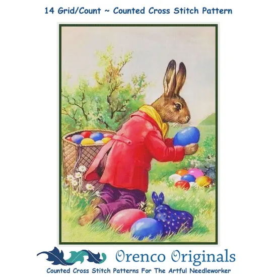 Vintage Easter Bunny Hiding Eggs Counted Cross Stitch Pattern {1}