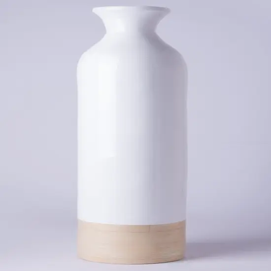 Elegant Black or White Cylinder Shaped Tall Spun Bamboo Floor Vases, Embellished with a Glossy Lacquer, and Enhanced with Natural Bamboo Finish - Stylish Home Decor, Heights of 31 and 23.5 Inches Large White {4}