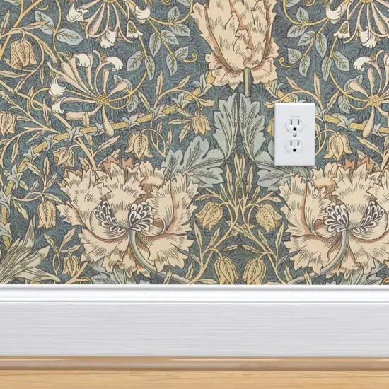 Peel & Stick Wallpaper 2FT Wide Floral Damask Victorian Vintage Style Edwardian Arts And Crafts Gray Blue Tan Custom Removable Wallpaper by Spoonflower {5}