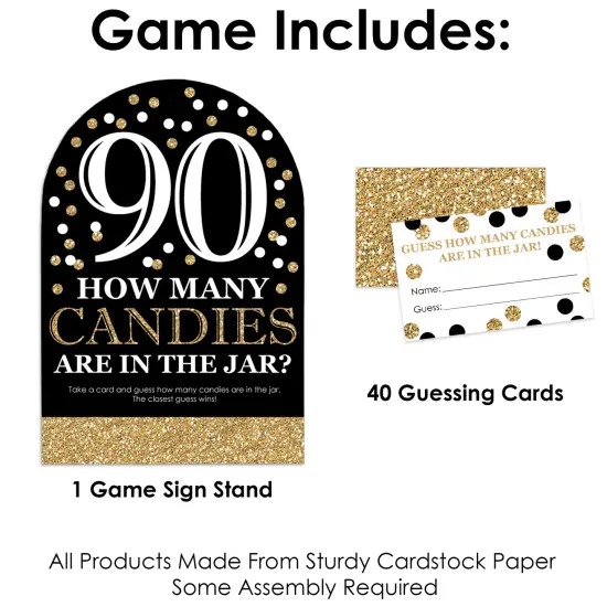 Big Dot of Happiness Adult 90th Birthday - Gold - How Many Candies Birthday Party Game - 1 Stand and 40 Cards - Candy Guessing Game {4}