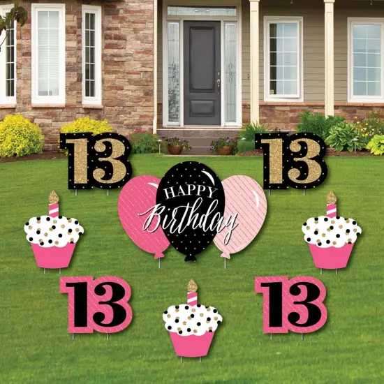 Big Dot of Happiness Chic 13th Birthday - Pink, Black and Gold - Yard Sign and Outdoor Lawn Decorations - Happy Birthday Party Yard Signs - Set of 8 {1}