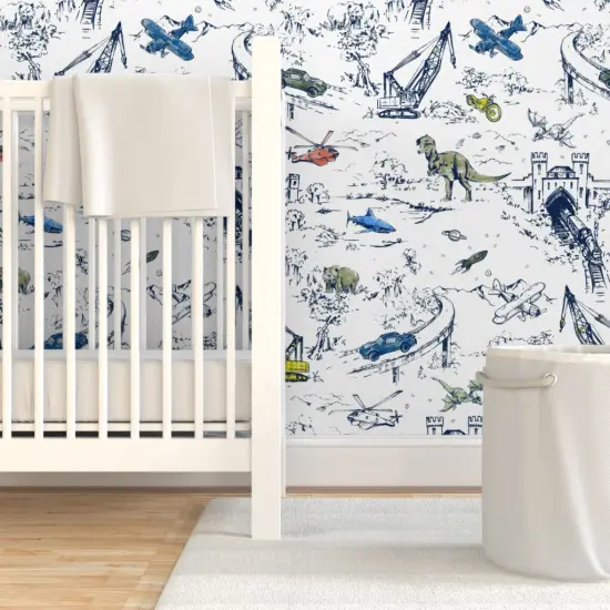 Pre-Pasted Wallpaper 2FT Wide Whimsical Blue White Dinosaur Shark Helicopter Car Space Travel Custom Pre-pasted Wallpaper by Spoonflower {7}