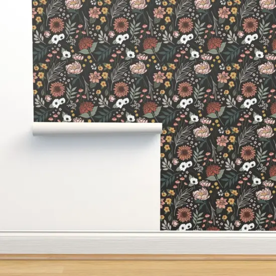 Peel & Stick Wallpaper 2FT Wide Dark Boho Floral Mustard Bohemian Sage Green Botanical Dusty Rose Earthtone Earthy Colors Autumn Floral Boho On Black Custom Removable Wallpaper by Spoonflower {2}