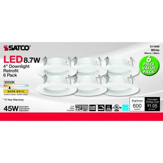 6Pk - Satco 8.7w LED 4-in 3000K Warm White Downlight Retrofit {3}