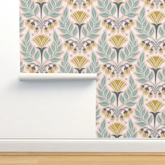 Peel & Stick Wallpaper 2FT Wide Blush Pink Art Nouveau Floral Scale Flowers Gold Mustard Spring Vintage Custom Removable Wallpaper by Spoonflower {2}