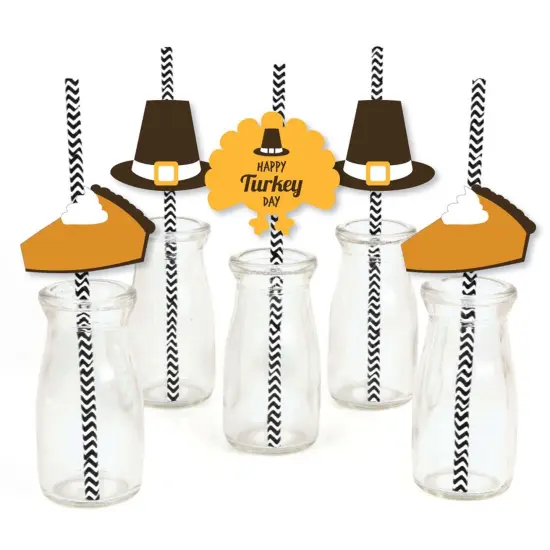 Big Dot of Happiness Happy Turkey Day Paper Straw Decor - Thanksgiving Striped Decorative Straws - Set of 24 {1}