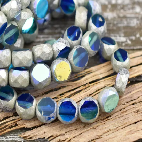*15* 8mm Antique Silver Washed Sapphire Aqua AB 2 Cut Fire Polished Faceted Round Beads {2}