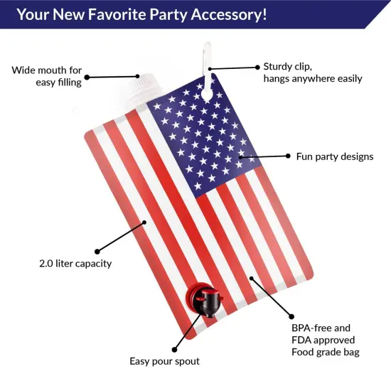 American Flag Flask for Liquor, Wine, Drinks: Beverage Dispenser Holds 2 Liters for Summer, July 4, Sports Tailgating, Birthday, Graduation, Cruises, Boating, BBQ Parties, by Party Flasks {2}