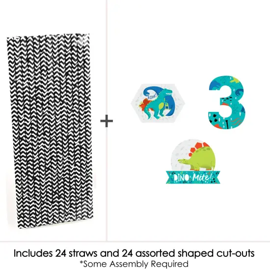 Big Dot of Happiness 3rd Birthday Roar Dinosaur - Paper Straw Decor - Three Rex Dino Third Birthday Party Striped Decorative Straws - Set of 24 {4}