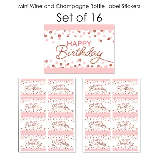 Big Dot of Happiness Pink Rose Gold Birthday - Mini Wine & Champagne Bottle Label Stickers - Happy Birthday Party Favor Gift - Set of 16 {7}