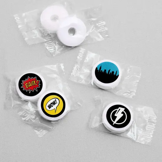 Big Dot of Happiness Bam Superhero - Baby Shower or Birthday Party Round Candy Sticker Favors - Labels Fits Chocolate Candy (1 Sheet of 108) {4}