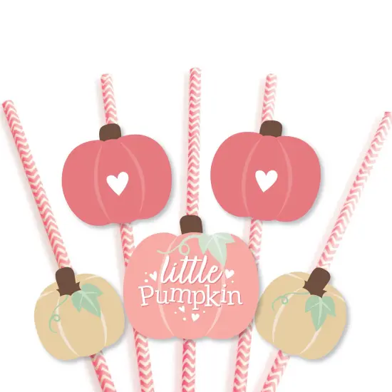 Big Dot of Happiness Girl Little Pumpkin - Paper Straw Decor - Fall Birthday Party or Baby Shower Striped Decorative Straws - Set of 24 {7}